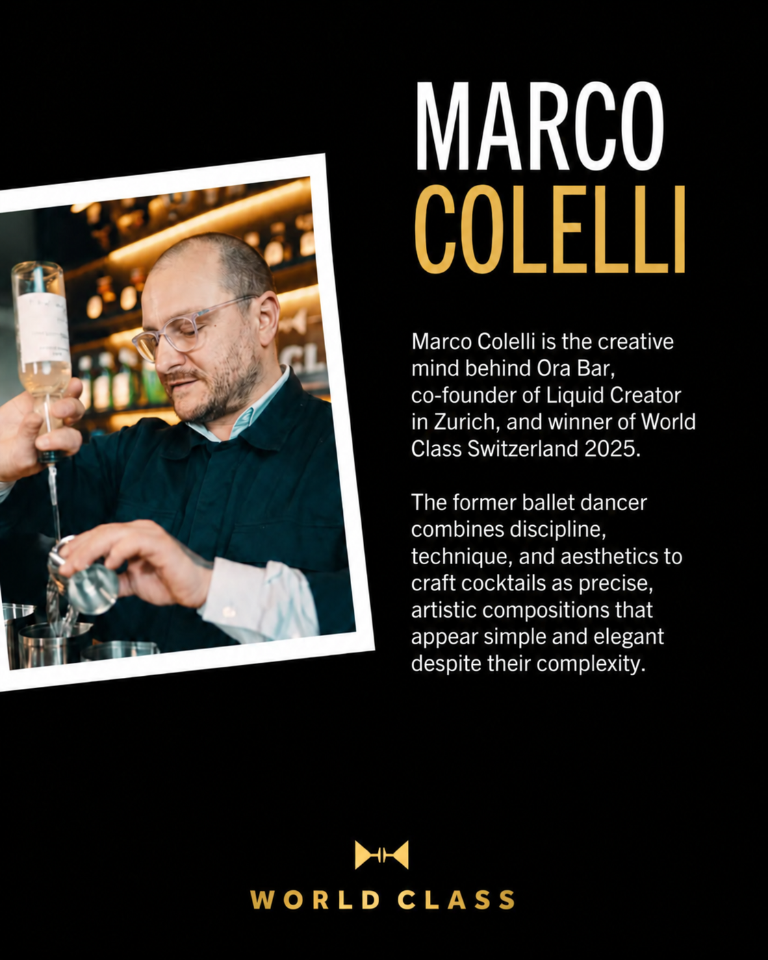 Marco Colelli — creative mind behind ORA Bar, co-founder of Liquid Creator and World Class Switzerland 2025 winner