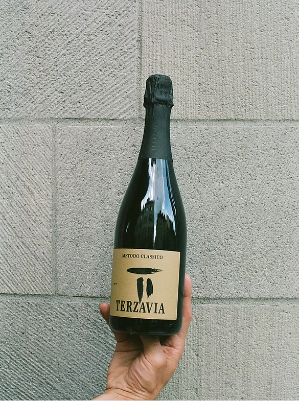 Terzavia Metodo Classico sparkling wine held against a stone wall