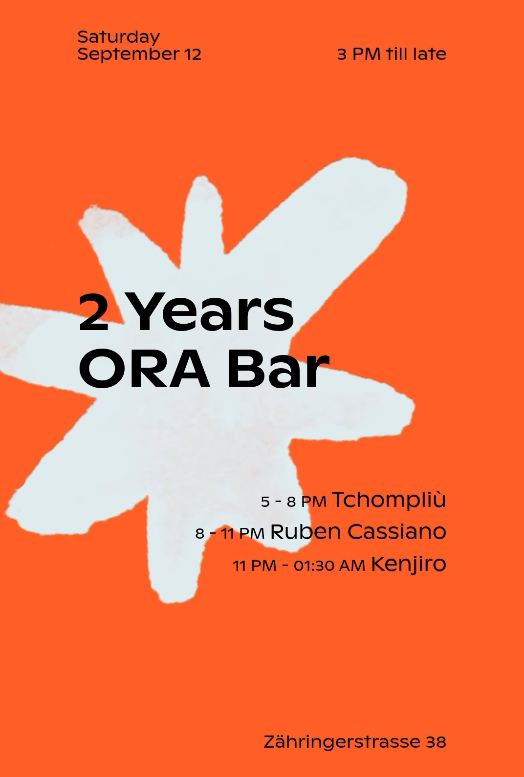 2 Years ORA Bar anniversary flyer — Saturday September 12, line-up Tchompliù, Ruben Cassiano, Kenjiro